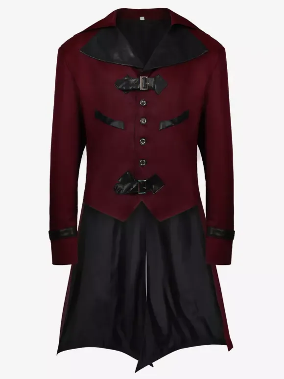 Coffee Brown Vintage Elegant Buckle Long Sleeves Polyester Overcoat Retro Costumes For Man Burgundy