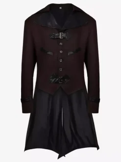 Coffee Brown Vintage Elegant Buckle Long Sleeves Polyester Overcoat Retro Costumes For Man Burgundy