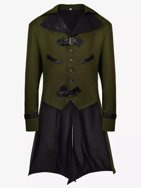 Coffee Brown Vintage Elegant Buckle Long Sleeves Polyester Overcoat Retro Costumes For Man Burgundy