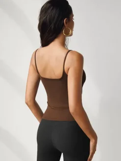 Coffee Brown Cami Top Straps Neck Sexy Polyester Women Camis
