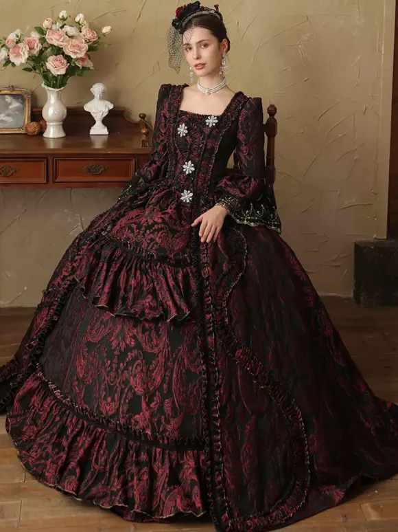 Coffee Brown Retro Costumes Ruffles Marie Antoinette Costume Polyester Dress Women's European Style Masquerade Ball Gown