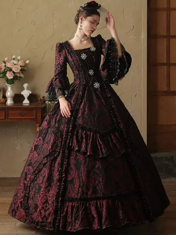 Coffee Brown Retro Costumes Ruffles Marie Antoinette Costume Polyester Dress Women's European Style Masquerade Ball Gown