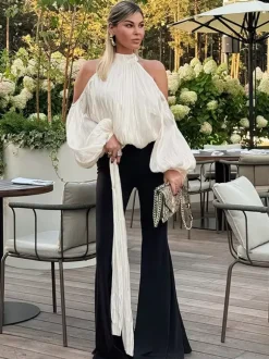 Cold Shoulder Women Halter Blouse - Elegant Lantern Sleeve Loose Fit Top With Scarf - Fairycore Spring Party Top 2026