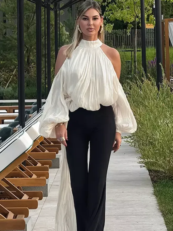 Cold Shoulder Women Halter Blouse - Elegant Lantern Sleeve Loose Fit Top With Scarf - Fairycore Spring Party Top 2026