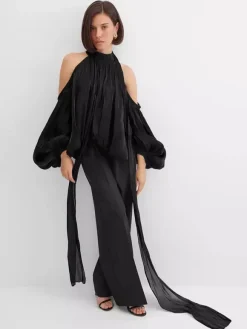 Cold Shoulder Women Halter Blouse - Elegant Lantern Sleeve Loose Fit Top With Scarf - Fairycore Spring Party Top 2026