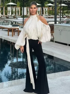 Cold Shoulder Women Halter Blouse - Elegant Lantern Sleeve Loose Fit Top With Scarf - Fairycore Spring Party Top 2026