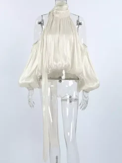 Cold Shoulder Women Halter Blouse - Elegant Lantern Sleeve Loose Fit Top With Scarf - Fairycore Spring Party Top 2026