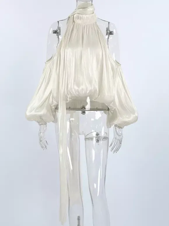 Cold Shoulder Women Halter Blouse - Elegant Lantern Sleeve Loose Fit Top With Scarf - Fairycore Spring Party Top 2026