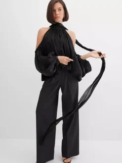 Cold Shoulder Women Halter Blouse - Elegant Lantern Sleeve Loose Fit Top With Scarf - Fairycore Spring Party Top 2026