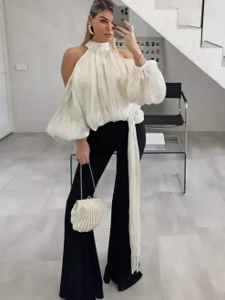 Cold Shoulder Women Halter Blouse - Elegant Lantern Sleeve Loose Fit Top With Scarf - Fairycore Spring Party Top 2026