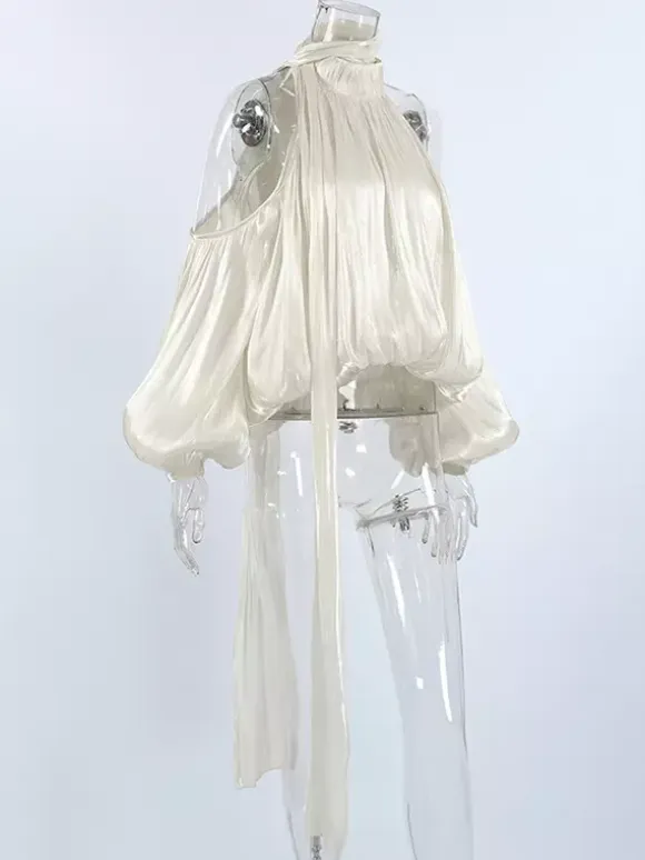 Cold Shoulder Women Halter Blouse - Elegant Lantern Sleeve Loose Fit Top With Scarf - Fairycore Spring Party Top 2026
