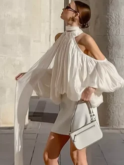 Cold Shoulder Women Halter Blouse - Elegant Lantern Sleeve Loose Fit Top With Scarf - Fairycore Spring Party Top 2026