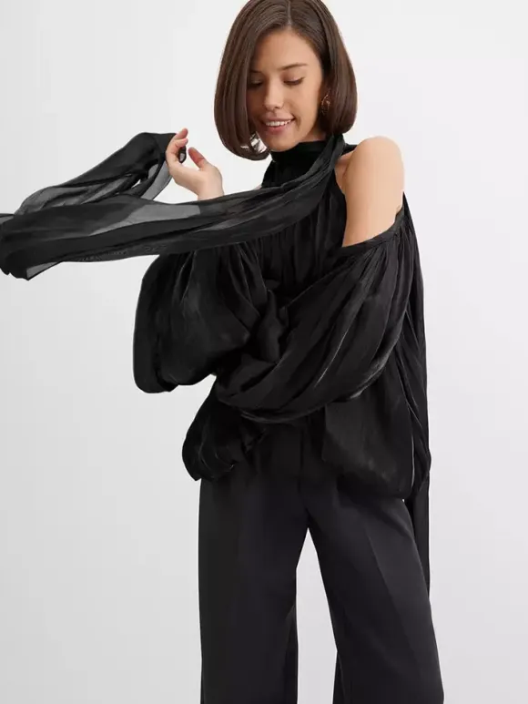 Cold Shoulder Women Halter Blouse - Elegant Lantern Sleeve Loose Fit Top With Scarf - Fairycore Spring Party Top 2026