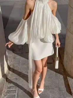 Cold Shoulder Women Halter Blouse - Elegant Lantern Sleeve Loose Fit Top With Scarf - Fairycore Spring Party Top 2026