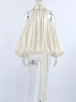 Cold Shoulder Women Halter Blouse - Elegant Lantern Sleeve Loose Fit Top With Scarf - Fairycore Spring Party Top 2026