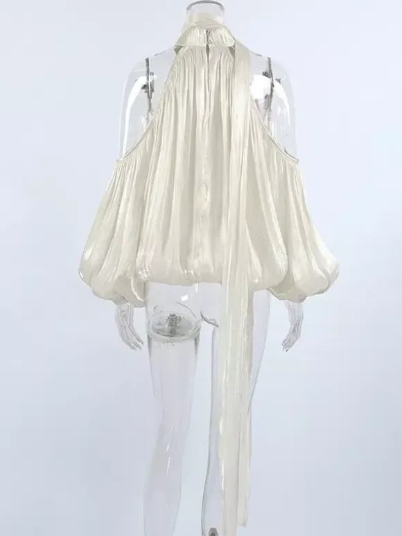 Cold Shoulder Women Halter Blouse - Elegant Lantern Sleeve Loose Fit Top With Scarf - Fairycore Spring Party Top 2026