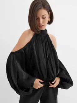 Cold Shoulder Women Halter Blouse - Elegant Lantern Sleeve Loose Fit Top With Scarf - Fairycore Spring Party Top 2026