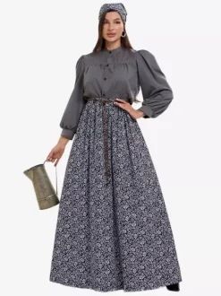 Colonial Costumes For Muslim Women Blouse And Floral Skirt 2-Piece Set Farm Retro Cosplay Costumes