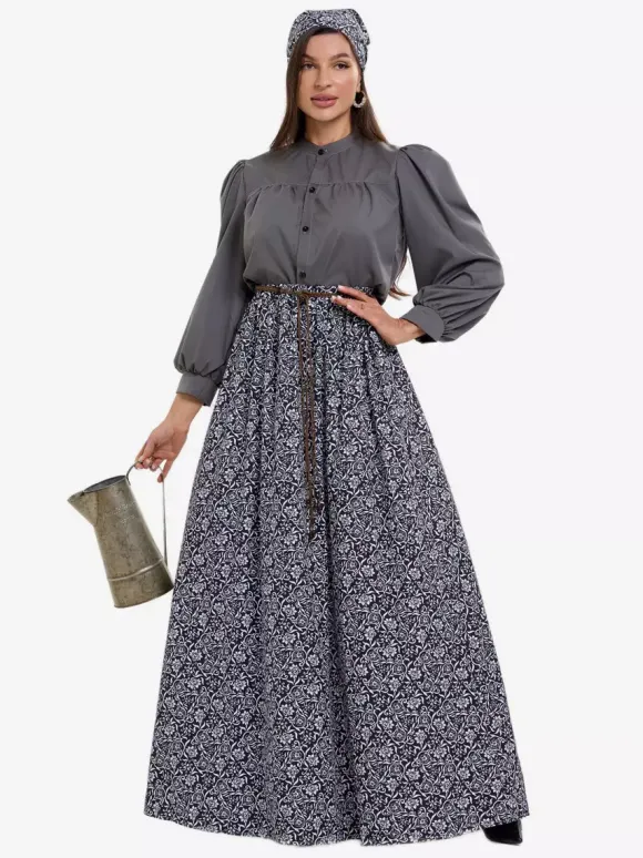 Colonial Costumes For Muslim Women Blouse And Floral Skirt 2-Piece Set Farm Retro Cosplay Costumes
