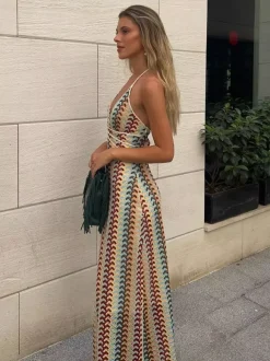 Color Block Crochet Halter Neck Midi Dress For Women Boho Chic