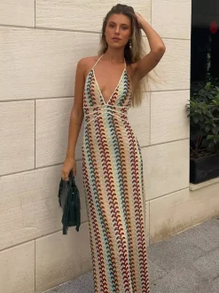 Color Block Crochet Halter Neck Midi Dress For Women Boho Chic
