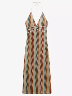 Color Block Crochet Halter Neck Midi Dress For Women Boho Chic