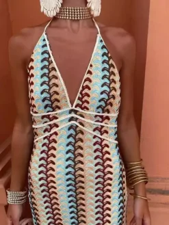 Color Block Crochet Halter Neck Midi Dress For Women Boho Chic