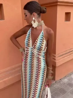 Color Block Crochet Halter Neck Midi Dress For Women Boho Chic