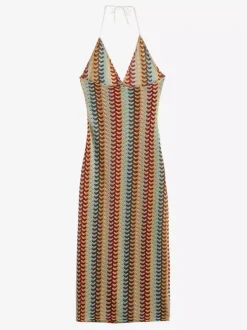 Color Block Crochet Halter Neck Midi Dress For Women Boho Chic