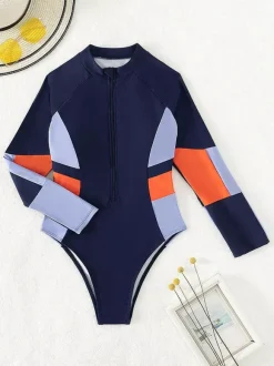 Colorblock Panel Zip Front Long Sleeve Surf One Piece Swimsuit
