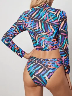 Colorful Palm Leaf Half-Zip Long Sleeve Cropped Two Piece Rash Guard Bikini Set