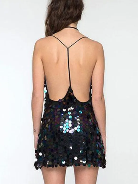 Colorful Sequin Mini Dress V-Neck Open Back Sexy Birthday Party Dresses