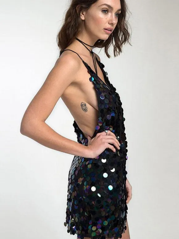 Colorful Sequin Mini Dress V-Neck Open Back Sexy Birthday Party Dresses