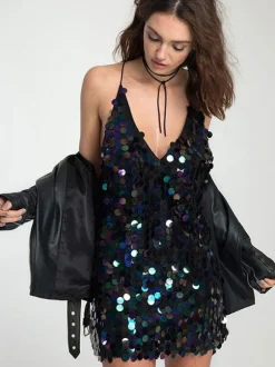 Colorful Sequin Mini Dress V-Neck Open Back Sexy Birthday Party Dresses