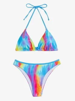 Colorful Halter Triangle Bikini Top And High Cut Bottom 2 Pieces Set