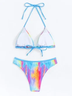 Colorful Halter Triangle Bikini Top And High Cut Bottom 2 Pieces Set