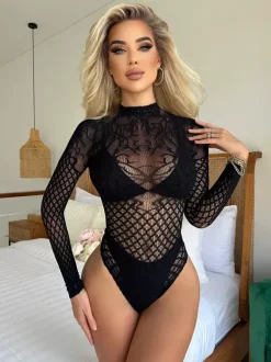 3 Colors Fishnet Long Sleeve Bodysuit High Neck Back Cutout See Through Mesh Lingerie Catsuit