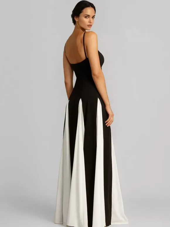 Contrast Color Maxi Dress Pleated A-line Spaghetti Strap Party Dresses For Women 2026