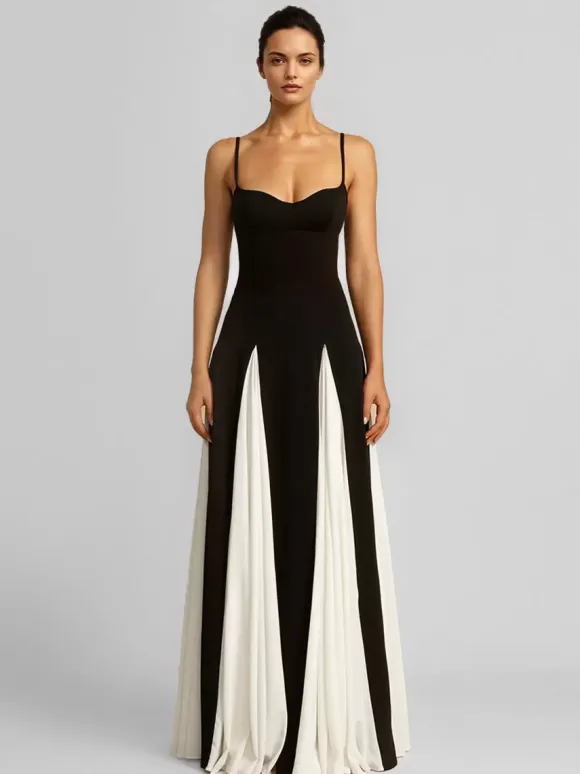 Contrast Color Maxi Dress Pleated A-line Spaghetti Strap Party Dresses For Women 2026