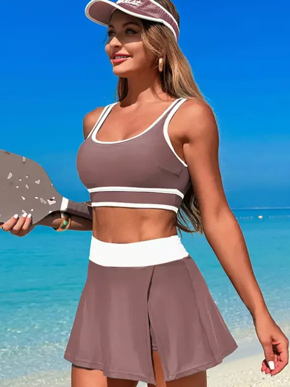 Contrast Color Swimwear With Beach Sports Skirt 2 Piece Set For Women 2026