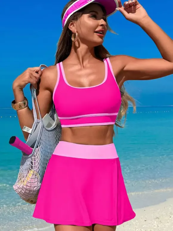 Contrast Color Swimwear With Beach Sports Skirt 2 Piece Set For Women 2026