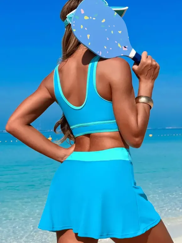 Contrast Color Swimwear With Beach Sports Skirt 2 Piece Set For Women 2026