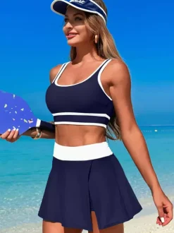 Contrast Color Swimwear With Beach Sports Skirt 2 Piece Set For Women 2026