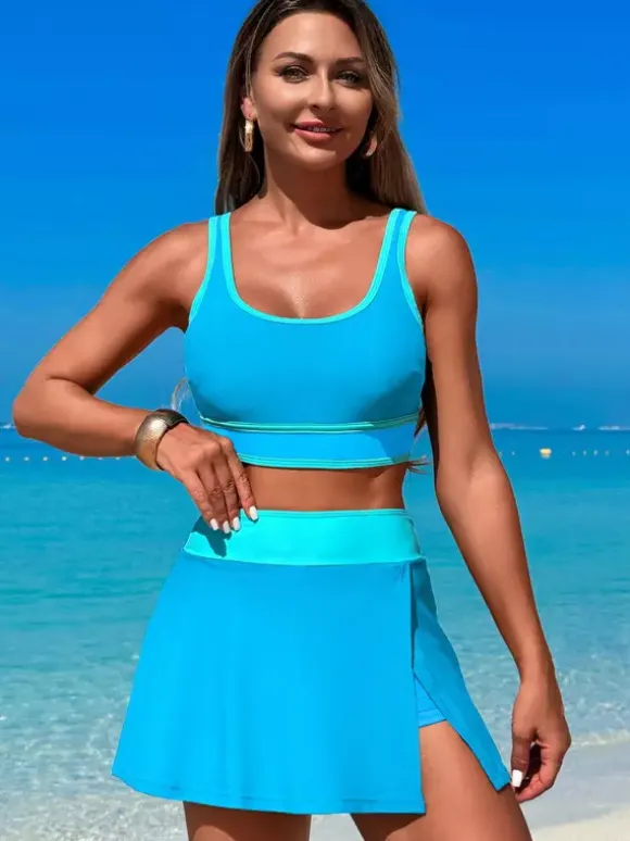 Contrast Color Swimwear With Beach Sports Skirt 2 Piece Set For Women 2026