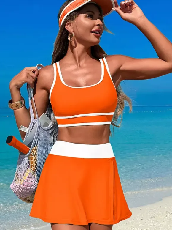Contrast Color Swimwear With Beach Sports Skirt 2 Piece Set For Women 2026