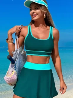 Contrast Color Swimwear With Beach Sports Skirt 2 Piece Set For Women 2026