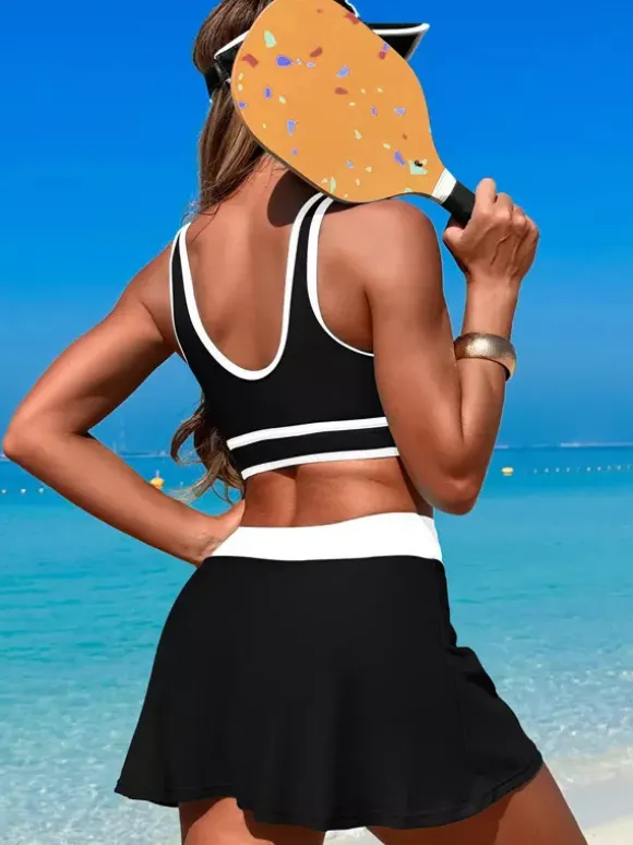 Contrast Color Swimwear With Beach Sports Skirt 2 Piece Set For Women 2026