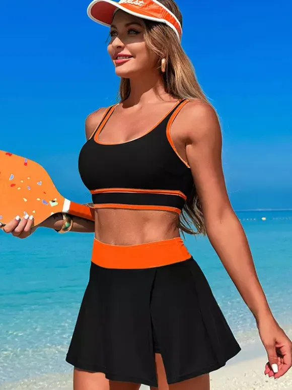 Contrast Color Swimwear With Beach Sports Skirt 2 Piece Set For Women 2026