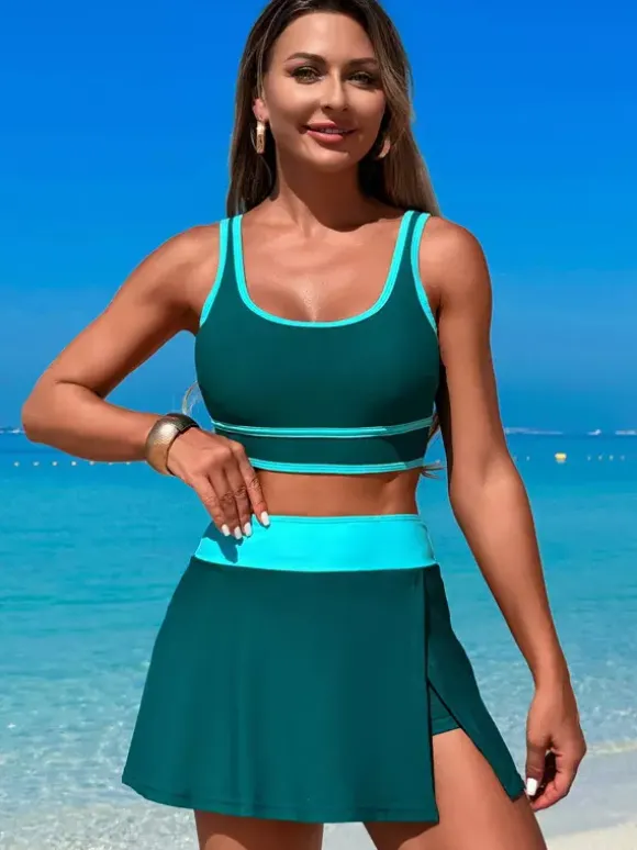 Contrast Color Swimwear With Beach Sports Skirt 2 Piece Set For Women 2026