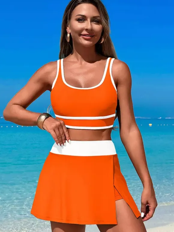 Contrast Color Swimwear With Beach Sports Skirt 2 Piece Set For Women 2026